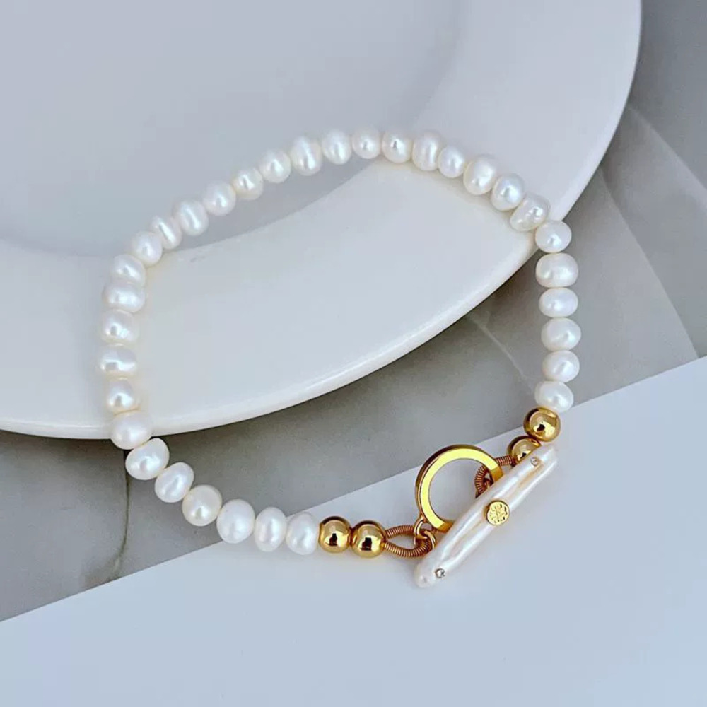 Tory Burch Natural Freshwater Pearl Bracelet with Metal Ball Clasp